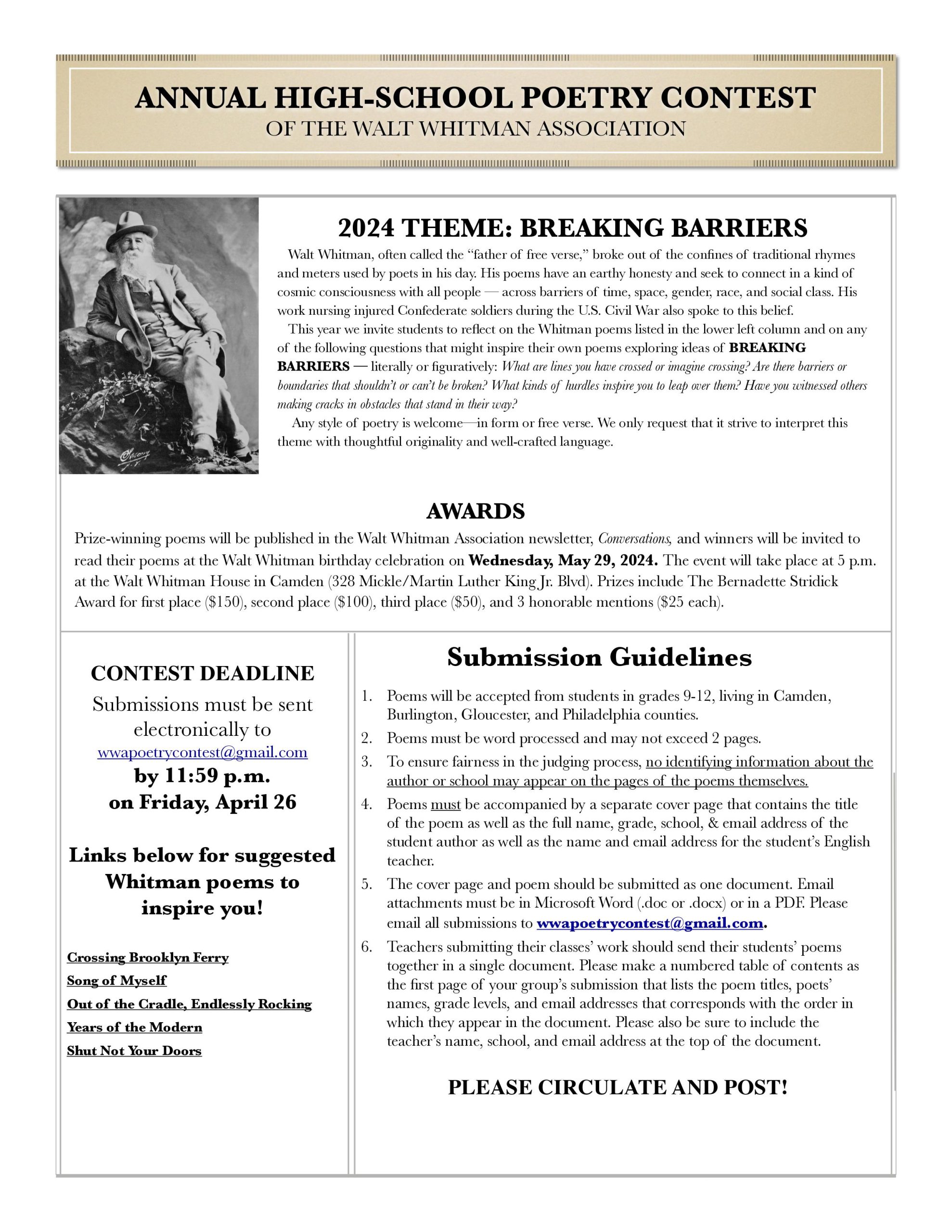 Poetry Contest The Walt Whitman Association